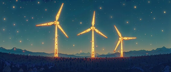 Shining wind turbines stand in a field. These objects are made up of simple shapes, such as triangles, lines, and points. illustration shows how wind energy can be a clean, sustainable energy source.