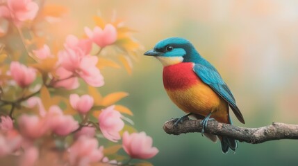 Fototapeta premium Vibrant Bird Perched on Blossoming Branch in Dreamlike Natural Setting - Wildlife Closeup with Soft Bokeh Background