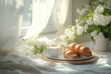 Freshly baked croissants and a cup of coffee creating a cozy breakfast scene by a sunlit window with white flowers