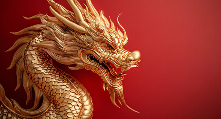 Fototapeta premium A stunning gold Chinese dragon sculpture against a vibrant red background, ideal for celebrating Lunar New Year, symbolizing prosperity and cultural significance.