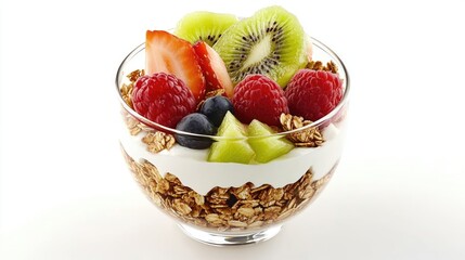 A yogurt parfait with granola and fresh fruits, healthy breakfast food, isolated on white background
