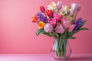 Fototapeta premium Vibrant bouquet of tulips, daffodils, and hyacinths in a glass vase, celebrating the beauty of spring against a pink backdrop