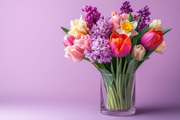 Vibrant bouquet of spring flowers including tulips, hyacinths, and daffodils arranged in a glass vase against a purple backdrop