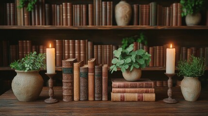 Vintage Library Ambiance with Antique Books, Candlesticks, and Plants on Wooden Table in Soft Candlelit Setting - Nostalgic Reading Corner
