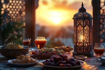 Arabic food is served on a table at sunset, creating a warm, inviting atmosphere for a festive meal during ramadan
