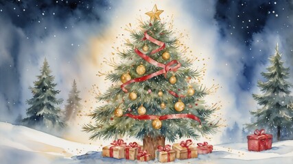 A beautifully decorated Christmas tree with gifts in a snowy landscape at night