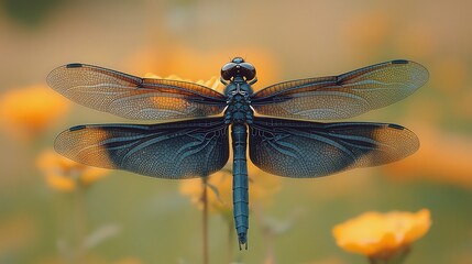 Close-up of dragonfly resting on yellow wildflowers in natural sunlight