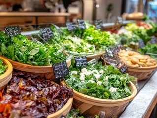 Fototapeta premium A vibrant display of fresh salads and greens in a wooden bowl arrangement at a salad bar