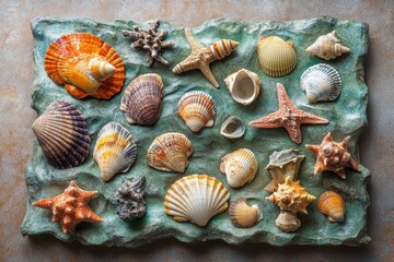 Vibrant Seashell Collection on Teal Stone - A vibrant collection of various seashells arranged on a teal stone background. Symbolizes nature, ocean, summer, relaxation, and beauty.