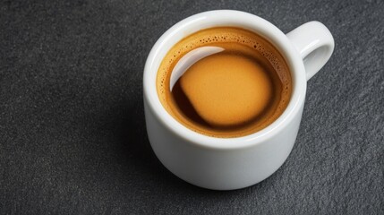 A minimalist image of a coffee cup filled with light-colored liquid, set against a soft, neutral background.
