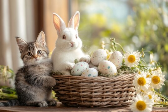 Adorable kitten and bunny celebrating easter together with colorful painted eggs in a basket and daisies
