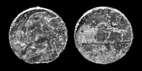 Old Rough Worn US Nickel Coin for Money Scratched Discarded Currency