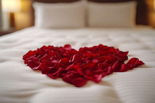 Red rose petals forming heart shape on white bed sheets in hotel room, creating romantic atmosphere for honeymoon or valentine's day