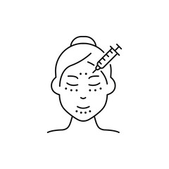 Anti-aging Skin Care Procedure for Women. Facial Wrinkles Line Icon. Woman Botox injection. Mesotherapy, Acid and Filler Outline Icon. Editable