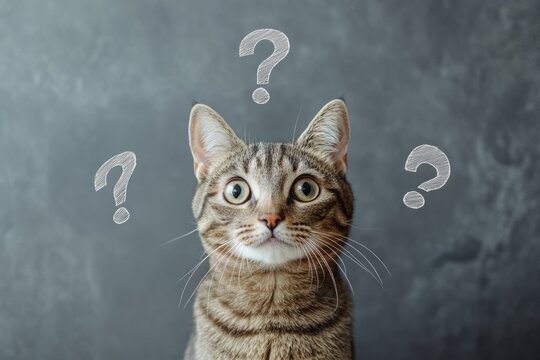 Portrait of a cute tabby cat looking curious with question marks drawn on a dark gray background