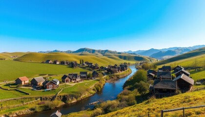 Panoramic view of a quaint village nestled beside a winding river in a valley, surrounded by rolling hills and a clear blue sky.