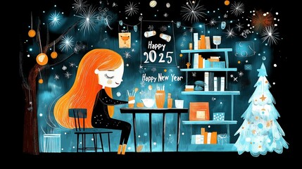Whimsical New Year 2025 Illustration with Girl, Decorated Room, and Christmas Tree, Festive and Cozy Scene, with Copy Space