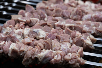 Close-up shot of raw meat skewers on a grill, ready to be cooked.