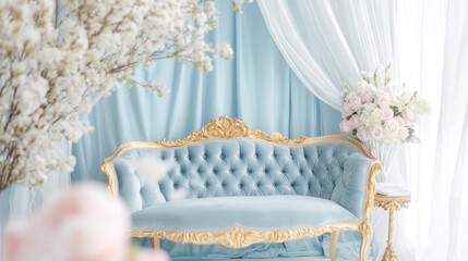 Elegant Vintage Sofa with Floral Decor in Soft Blue Background