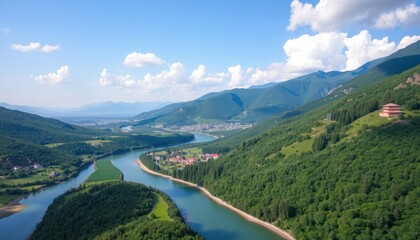 Panoramic view of a river winding through lush green mountains and valley.