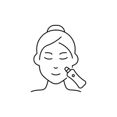 Facial Ultrasonic Cleansing for Woman Line Icon. Face Peeling, Cleansing with Ultrasound Device Linear Pictogram. Beauty Procedure for Girl Outline Icon.
