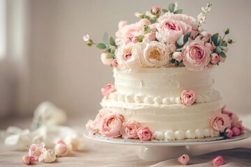 Round cake decorated with pink and white flowers, perfect for celebrating a special occasion