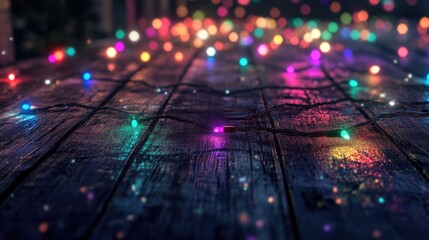 Multicolored Christmas lights on a rustic wooden floor, a festive scene 