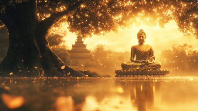 Buddha figure sitting under the Bodhi tree in the lotus position, surrounded by a glowing golden aura