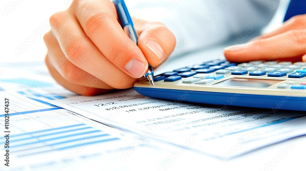 Poster a close-up of hands working on a budget spreadsheet with a calculator and financial documents on the