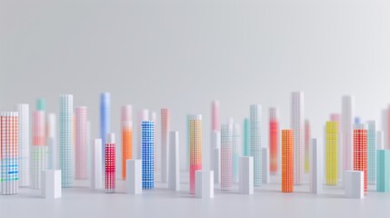 A collection of geometric towers in various vibrant colors stand tall on a white surface, resembling a playful and modern cityscape with a clean, minimalist aesthetic.