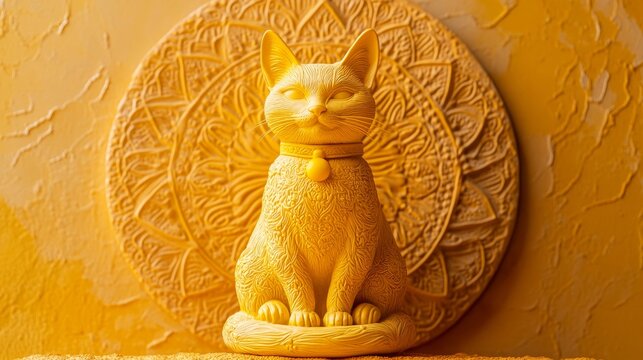 A bright yellow cat figurine with intricate details, placed centrally on a textured orange backdrop