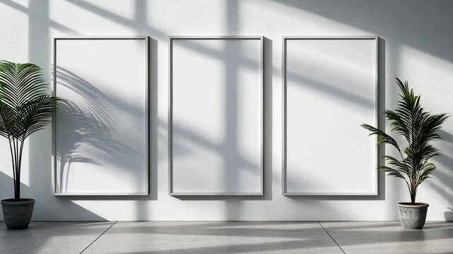 Elegant wall featuring three blank frames with plant accents and shadows in a spacious interior during daylight