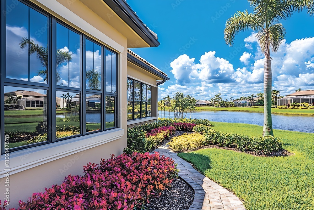 Poster serene lush garden with palm trees and lake view on a beautiful day : generative ai