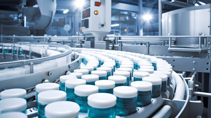 Pharmaceutical production line The neatly arranged pharmaceutical packaging process on the conveyor belt in the industrial plant Focus on the efficiency of drugs and modern pharmaceutical factories