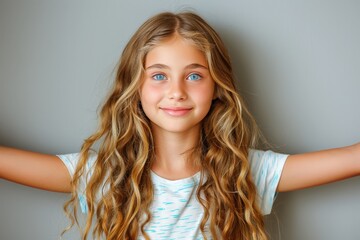 Fototapeta premium A young girl with long blonde hair and a blue shirt is smiling