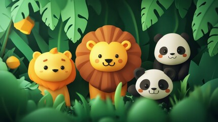 Naklejka premium Cute Cartoon Animals in Jungle with Lion and Panda in Forest