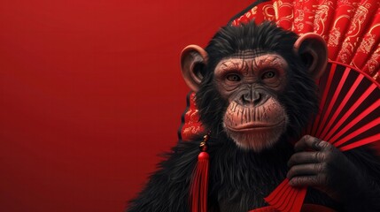 Captivating close up portrait of a charismatic chimpanzee performer wearing an ornate traditional Asian costume and holding a bright red decorative fan against a vibrant red studio backdrop