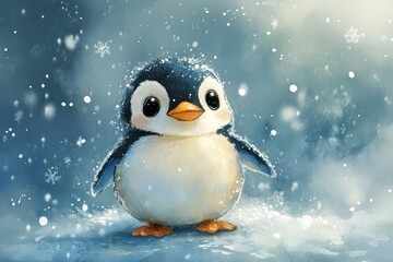 Adorable Penguin in Winter Snowfall Scene