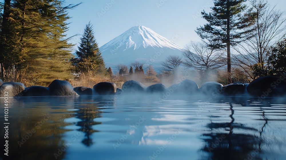 Aufkleber serene japanese onsen with a majestic view of mount fuji and steam rising : generative ai