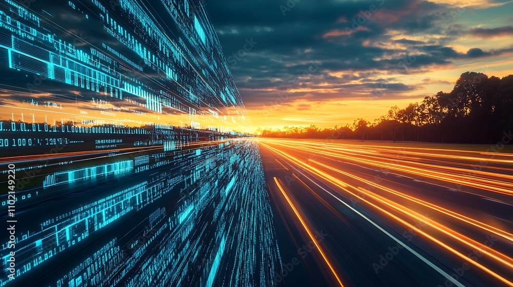 Leinwandbilder digital data and technology concept with motion blur on highway at sunset : generative ai