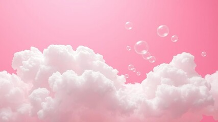 A bright pink background with thick white clouds and shimmering soap bubbles that appear to be dancing in the breeze capturing a carefree moment, dancing, playful motion, breeze