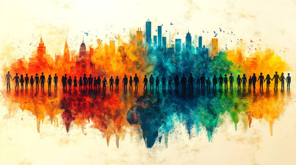 Vector illustration of a diverse global community with interconnected people from different cultures and backgrounds, featuring symbols of communication, collaboration, and unity.