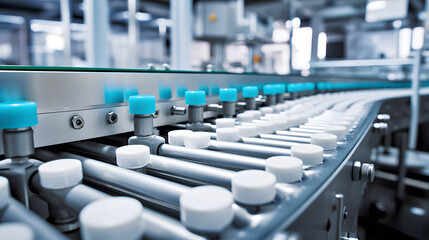 Obraz premium Pharmaceutical packaging process with automatic bottling line in modern operation with clean industrial machinery, sterile environment, creating credibility in the pharmaceutical industry
