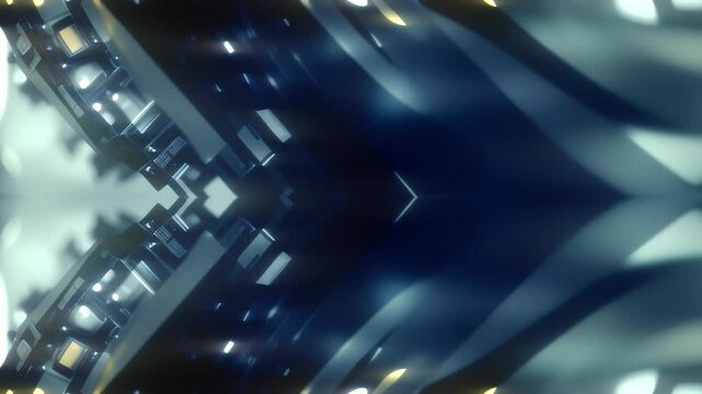 Abstract sci-fi tech background with geometric arrow shapes and metallic surfaces highlighted with cool blue lighting