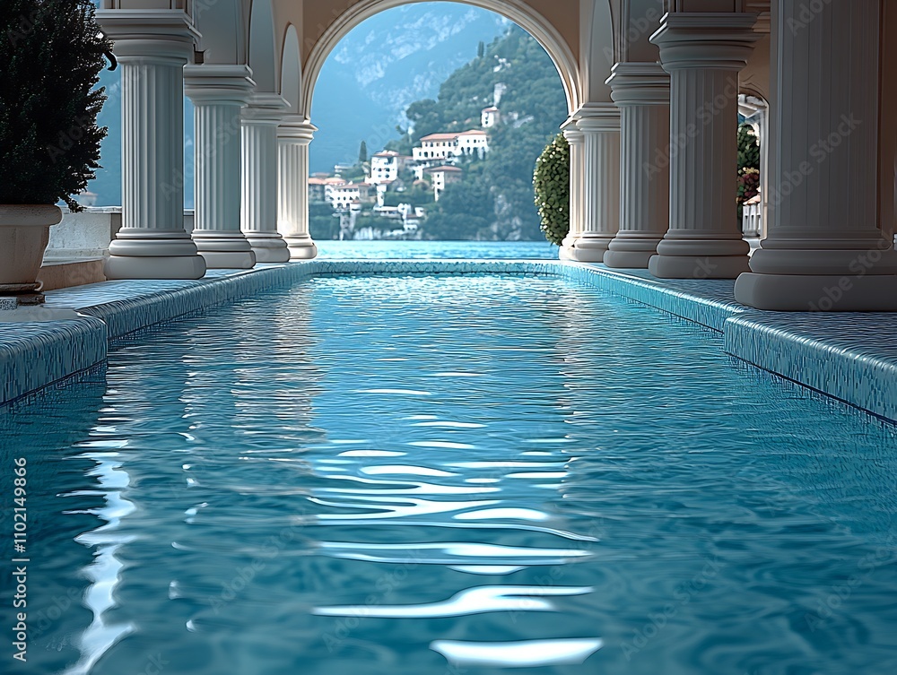 Aufkleber Luxurious infinity pool with Mediterranean architecture and scenic mountain view : Generative AI