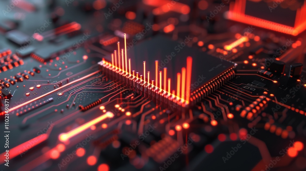 Poster a futuristic microchip emitting bright red light stands on a detailed circuit board, representing ad