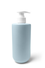 Blue unbranded bottle with pump for liquid soap, shampoo, or lotion isolated on a transparent background