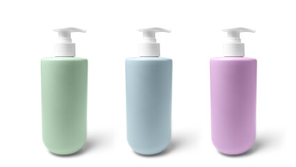 Green, blue and purple unbranded bottles with pump for liquid soap, shampoo, or lotion isolated on...