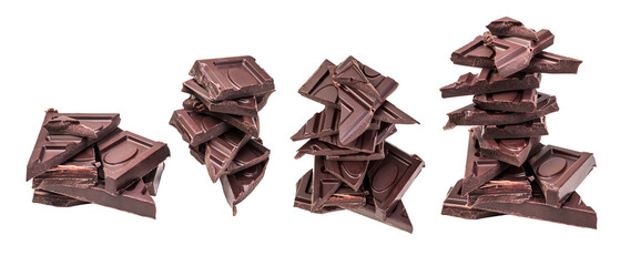 Pile of bitter dark chocolate pieces isolated on a transparent background