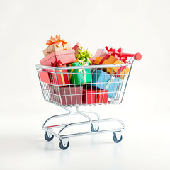 Shopping Cart Filled with Gift Boxes – Festive and Vibrant Holiday Shopping Concept